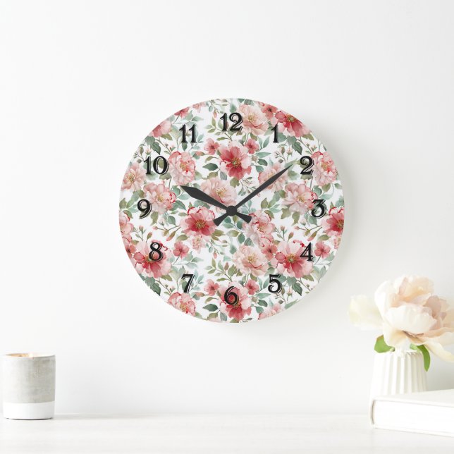 Reloj Redondo Grande Flores Rojas Rosadas (Hogar)