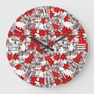 Reloj Redondo Grande Flores rojas y hojas gris plateado