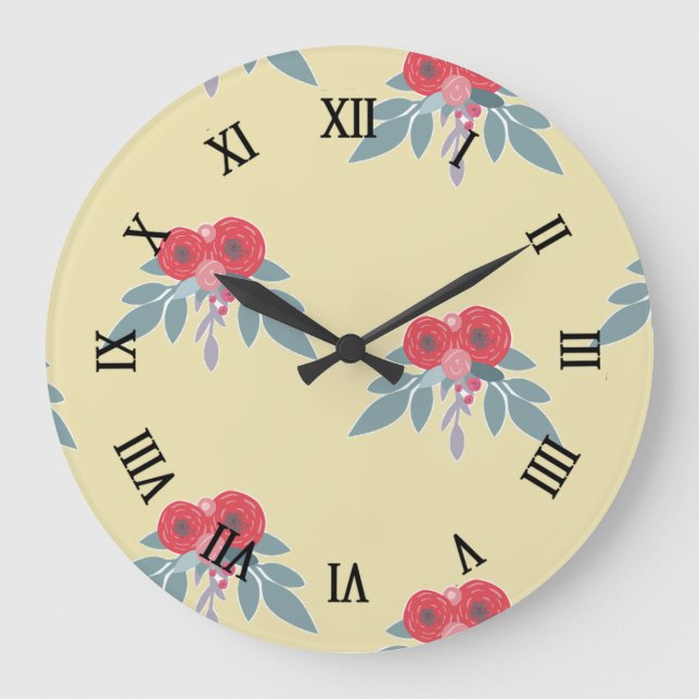 Reloj Redondo Grande Flores rojas y hojas verdes en marrón (Anverso)