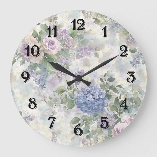 Reloj Redondo Grande Flores románticas púrpura rosadas (Anverso)