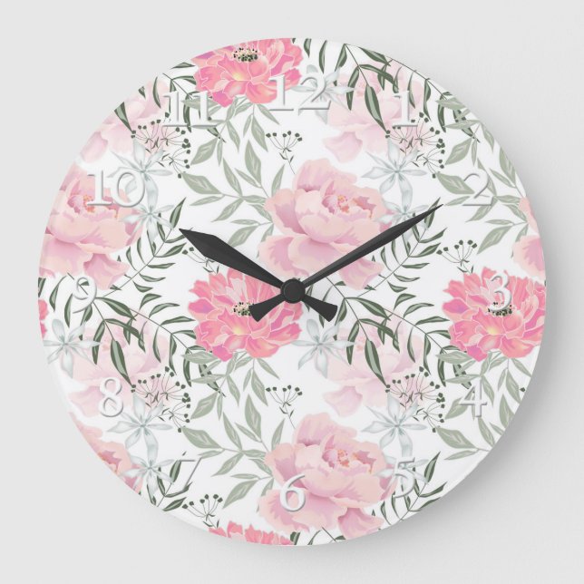 Reloj Redondo Grande Flores rosa rosadas de peonis (Anverso)