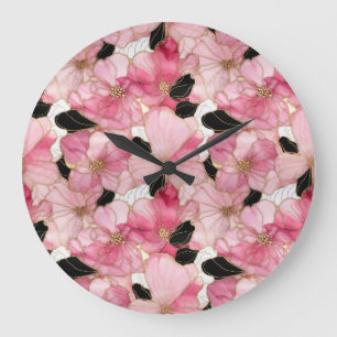 Reloj Redondo Grande Flores rosadas artísticas en negro Tinta abstracta