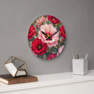 Reloj Redondo Grande Flores rosadas, rojas y malvas