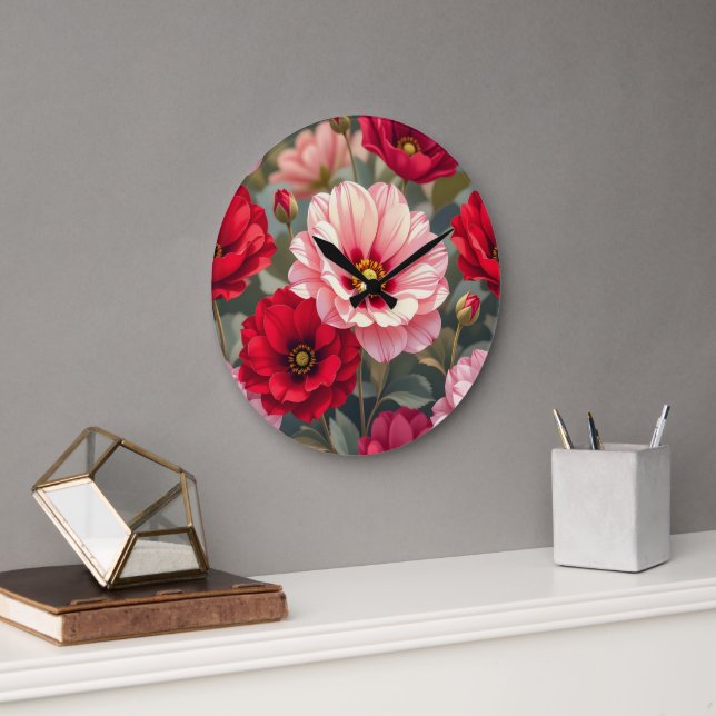 Reloj Redondo Grande Flores rosadas, rojas y malvas (Oficina)
