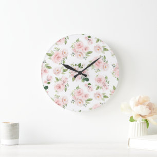 Reloj Redondo Grande Flores rosadas, rosas rosadas, flores acuáticas