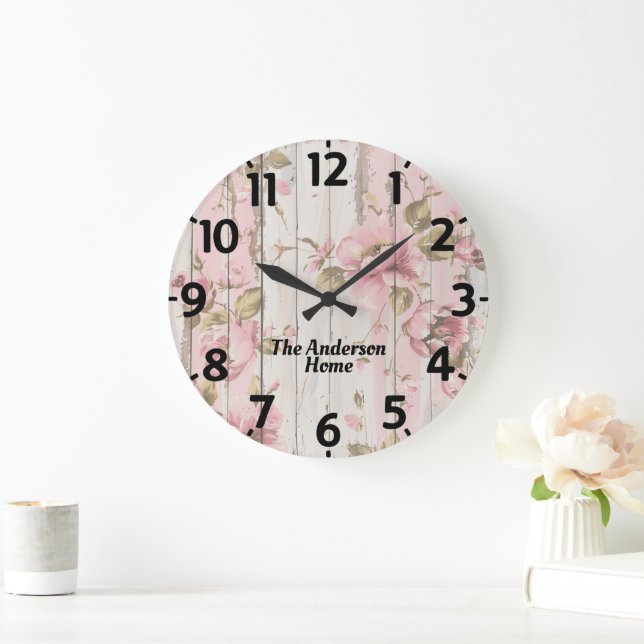 Reloj Redondo Grande Flores rosadas rústicas (Hogar)