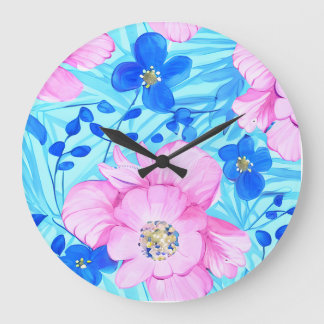 Reloj Redondo Grande Flores rosadas y azules