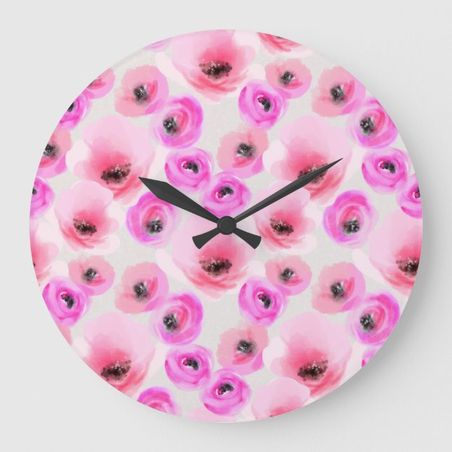 Reloj Redondo Grande Flores rosas acuarela arte digital (Anverso)