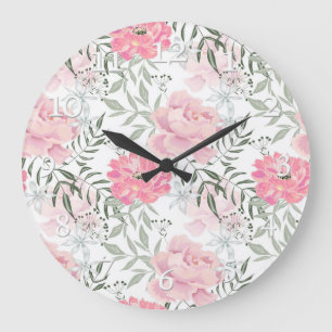 Reloj Redondo Grande Flores rosas rosadas de peonis