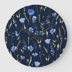 Reloj Redondo Grande Flores Rusticas Azules: Ilustracion Botánico.