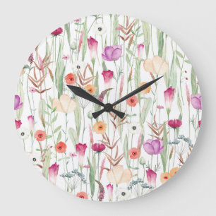 Reloj Redondo Grande Flores silvestres acuarela Diseño transparente