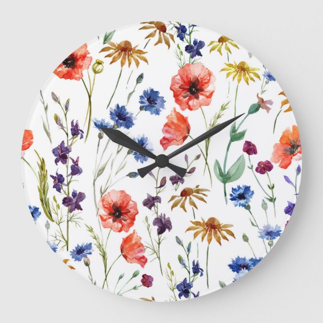 Reloj Redondo Grande Flores silvestres Acuarela Poppy Fondo Chamomile (Anverso)