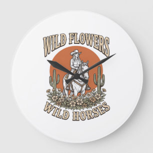 Reloj Redondo Grande Flores Silvestres Caballo Salvaje Camisa Occidenta