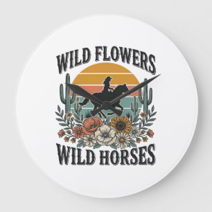 Reloj Redondo Grande Flores Silvestres Caballos Salvajes Camisa Floral 