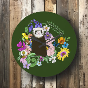 Reloj Redondo Grande Flores silvestres de hurón sable lindo bosque verd