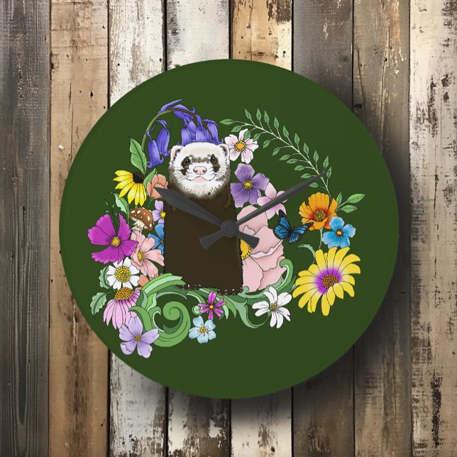 Reloj Redondo Grande Flores silvestres de hurón sable lindo bosque verd (Subido por el creador)