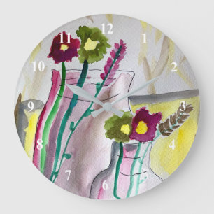Reloj Redondo Grande Flores silvestres en arte abstracto en jarrones