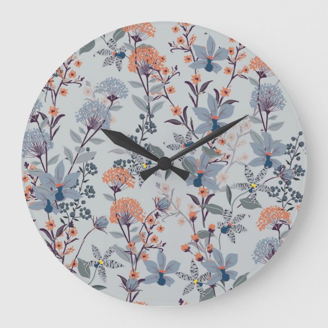 Reloj Redondo Grande Flores silvestres en azul, patrón botánico. (Anverso)