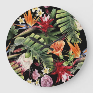 Reloj Redondo Grande Flores tropicales: acuarela sin costura floral