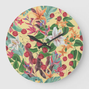 Reloj Redondo Grande Flores tropicales cereza: marea sin mar acuarela