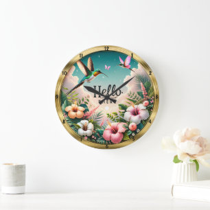 Reloj Redondo Grande Flores tropicales de Hummingbirds Hola