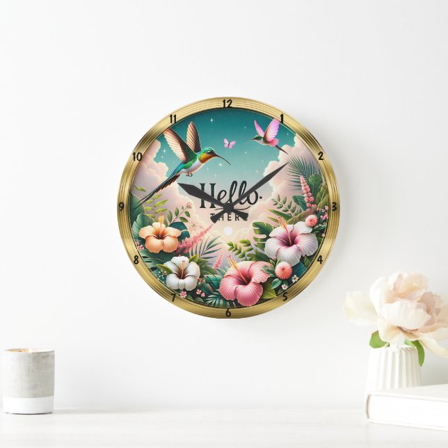 Reloj Redondo Grande Flores tropicales de Hummingbirds Hola (Hogar)