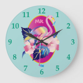 Reloj Redondo Grande Flores tropicales del hibisco del flamenco rosado