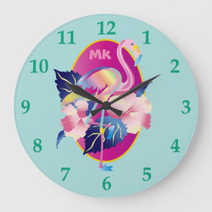 Reloj Redondo Grande Flores tropicales del hibisco del flamenco rosado