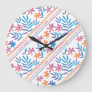 Reloj Redondo Grande Flores tropicales dibujadas a mano, patrón de hoja