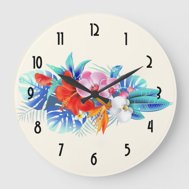 Reloj Redondo Grande Flores tropicales exóticas - rosa y acuamarina (Anverso)