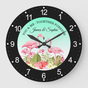 Reloj Redondo Grande Flores Tropicales y Diseño de Flamencos