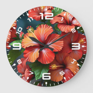 Reloj Redondo Grande Flores vibrantes rojas hibiscus-76894