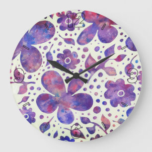 Reloj Redondo Grande Flores violetas románticas y deja el arte original
