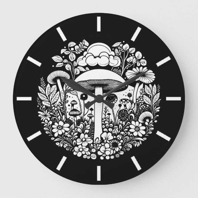 Reloj Redondo Grande Flores y champiñones negros y blancos (Anverso)