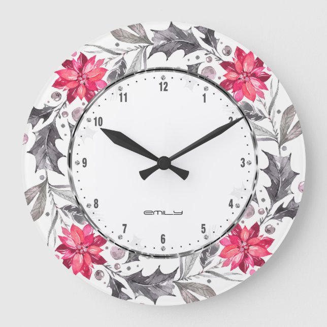 Reloj Redondo Grande Flores y hojas de Navidad (Anverso)