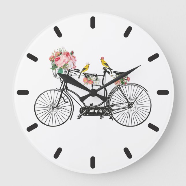 Reloj Redondo Grande Flores y pájaros de bicis románticas (Anverso)