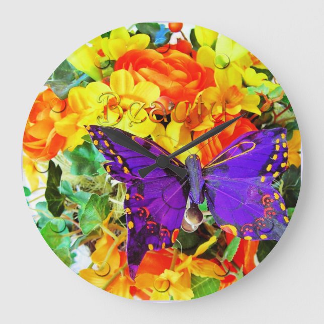 Reloj Redondo Grande Flower Garden Purple Butfly Wall Clock (Anverso)