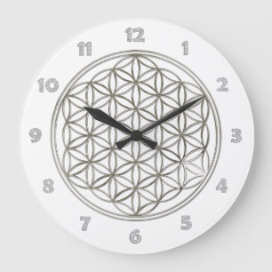 Reloj Redondo Grande FLOWER OF LIFE - silver + clock face numbers