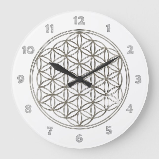 Reloj Redondo Grande FLOWER OF LIFE - silver + clock face numbers (Anverso)
