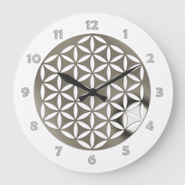 Reloj Redondo Grande FLOWER OF LIFE - silver + clock face numbers (Anverso)
