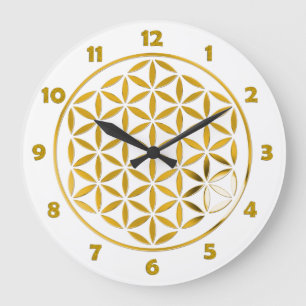 Reloj Redondo Grande FLOWER OF LIFE - stamp - gold + clock face numbers