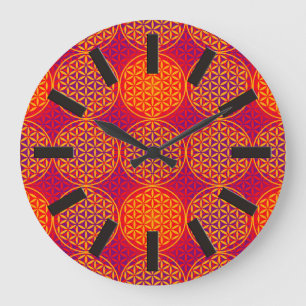Reloj Redondo Grande Flower of Life - stamp pattern - orange pink