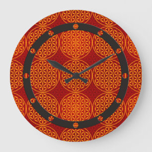 Reloj Redondo Grande Flower of Life - stamp pattern - orange red