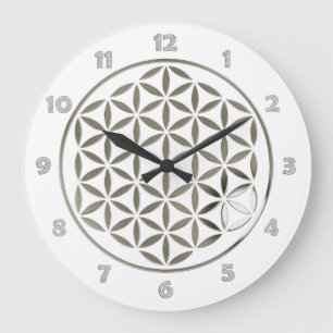Reloj Redondo Grande FLOWER OF LIFE stamp silver + clock face numbers