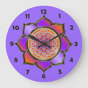 Reloj Redondo Grande FLOWER OF LIFE - violet lotus + clock face numbers