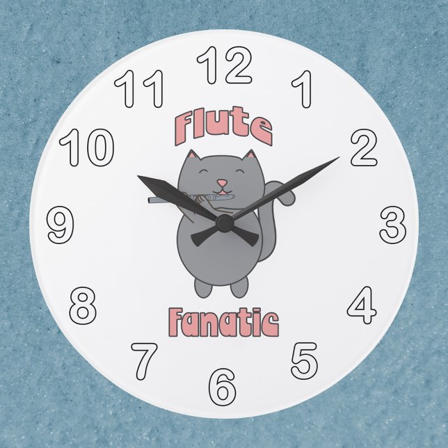 Reloj Redondo Grande Flute Fanatic Music Gray Cat (A clock featuring a flute playing gray cat and the words Flute Fanatic in pink.)