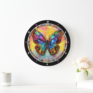 Reloj Redondo Grande Flutter cromático" - Mariposa Mosaica