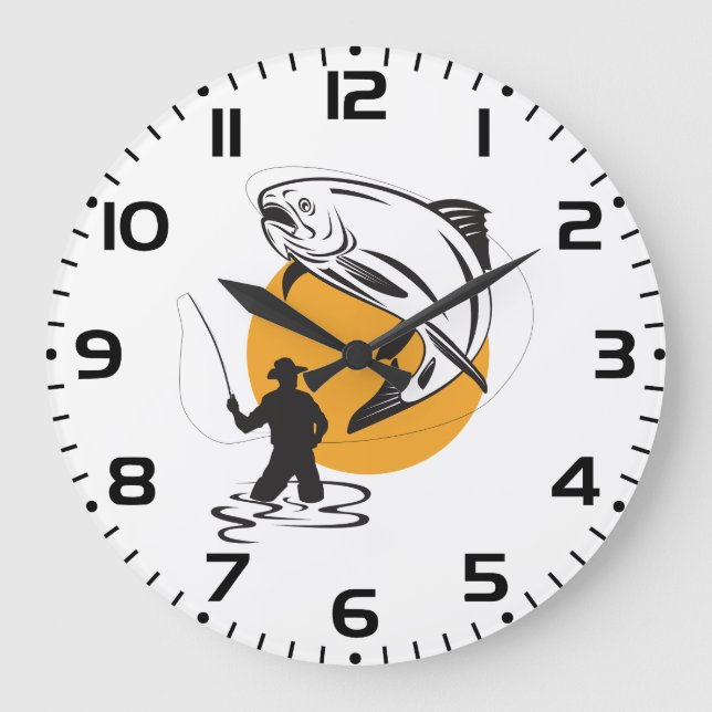 Reloj Redondo Grande Fly Fishing Trout Sunset Silhouette (Anverso)