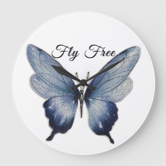 Reloj Redondo Grande Fly Free – Blue Butterfly Art Design (Anverso)
