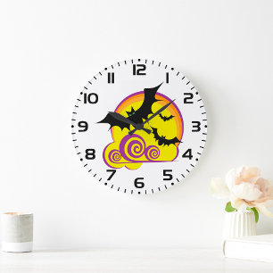 Reloj Redondo Grande Flying Bats Halloween Noche Full Moon Swirls